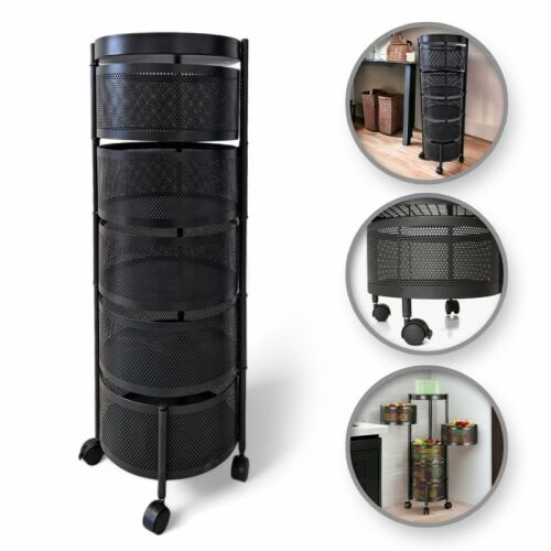 Ötszintes fekete forgatható kosár kerekeken 33 x 90,5 cm fémből - praktikus tárolási megoldás SZ33 143389073