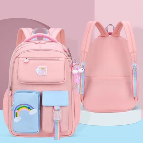 RAINBOW rózsaszín iskolai hátizsák gyerekeknek szivárványos díszítéssel és több zsebbel