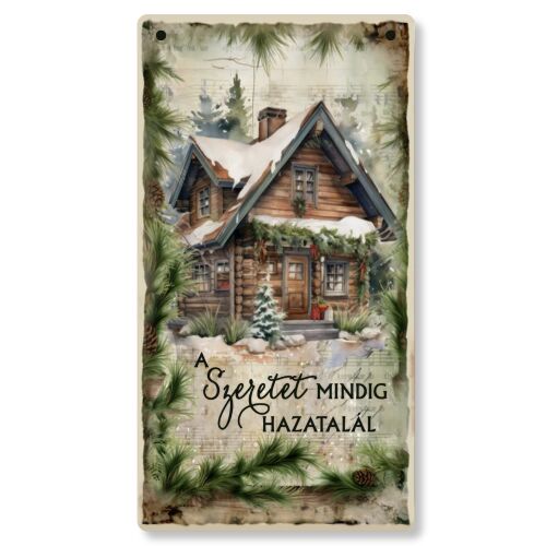 Nyomtatott fa tábla - Zöld karácsonyi téma - Szeretet 13x24,3cm