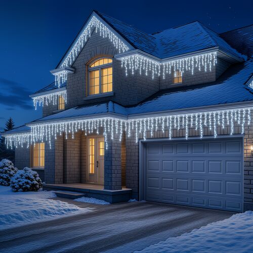 Ghirlandă luminoasă tip țurțuri Pepita decorând exteriorul unei case pe timp de noapte