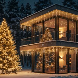 Casă modernă decorată cu ghirlandă luminoasă Pepita, model țurțuri, de Crăciun - Crăciun