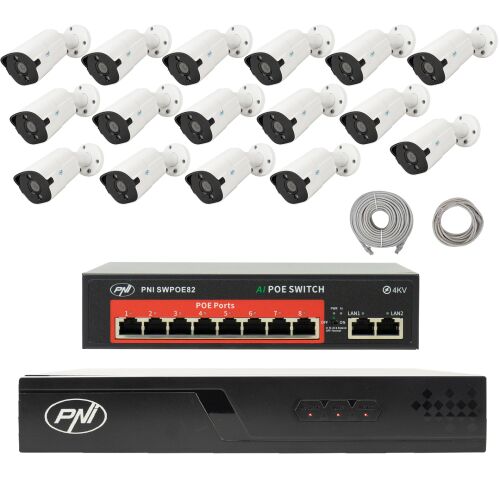 Pachet supraveghere video NVR POE PNI House IP716J, 16 camere PNI IP818J 8MP, switch POE si cabluri UTP CAT6 metri incluse 143428729
