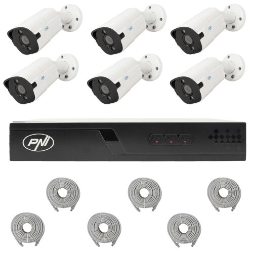 NVR POE PNI House IP716J videó megfigyelő csomag, 6db PNI IP818J 8MP kamera és 6db UTP CAT6 kábel, 20 méter.