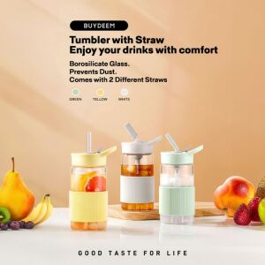 Sticlă portabilă Buydeem CD1017-CG, 500 ml, pai încorporat, etanșă, sticlă rezistentă la căldură până la 150°C, fără BPA, verde