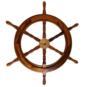 Nagy, 75 cm átmérőjű fa kormánykerék sárgaréz betéttel, ékhellyel - SW2/30'
