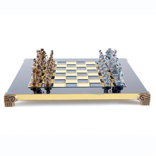 Exkluzív Sakk 28x28 cm - S3BBLU sakkkészlet kék és arany táblán, antik sárgaréz figurákkal - Dominó, sakk