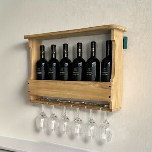 Rusztikus fa falra szerelhető boros polc pohártartóval,  143502876 - Gardrób rendszerező