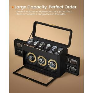 SONGMICS RONNE Prémium Óratartó Doboz 9 Órához Üvegablakkal Fekete 143508358 - Óraforgató & óratartó doboz