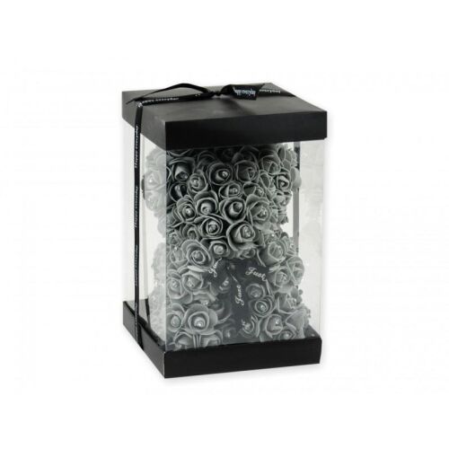 Virágmaci szürke rózsa maci strasszkövekkel díszdobozban, 24cm