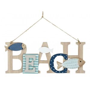 Beach fa ajtódísz halakkal, natúr és kék színek, 30x12cm - Ajtódísz