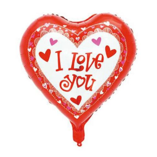 I Love You szív alakú fólia lufi piros kerettel, tökéletes Valentin-napra vagy romantikus alkalmakra.