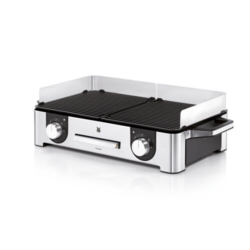 WMF Lono Master Grill ferde nézet, ezüst asztali grill levehető szélvédelemmel - WMF