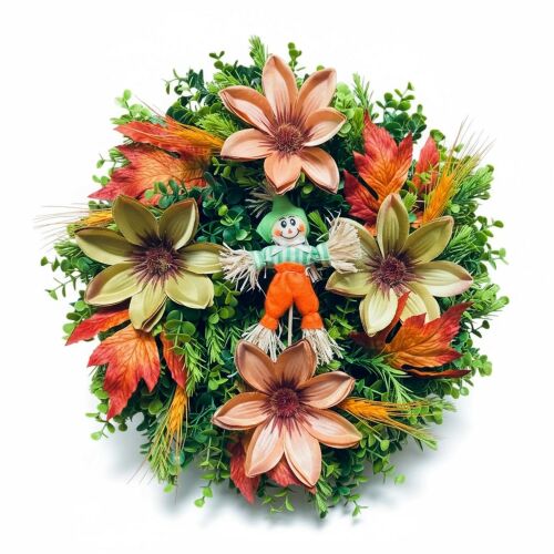 Zikk Zakk Flowers őszi koszorú virágokkal és madárijesztővel, őszi lakásdekoráció