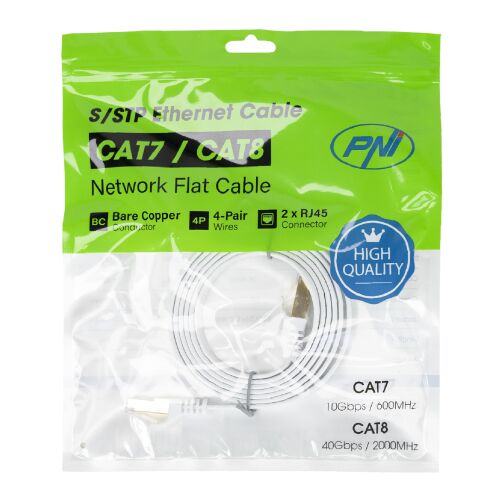 Lapos hálózati kábel S/STP CAT7 PNI U7015W, Patch, 2 x RJ45, 4 pár vezeték, 32AWG, réz, 10 Gbps, 600 MHz, 1,5 m, fehér