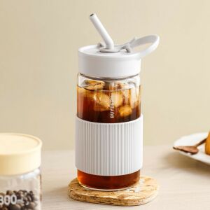 Sticlă portabilă Buydeem CD1017-OW, 500 ml, pai încorporat, etanșă, sticlă rezistentă la căldură până la 150°C, fără BPA, albă