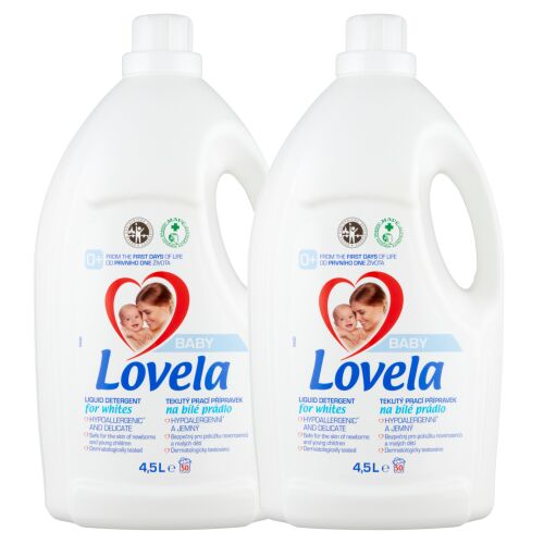 Zwei Flaschen Lovela Baby Hypoallergenes Flüssigwaschmittel für weiße Wäsche, je 4,5L.
