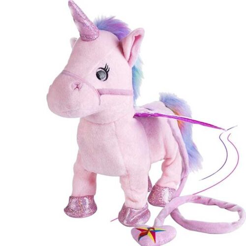 Unicorn interactiv roz de pluș care merge, merge și cântă, prim-plan