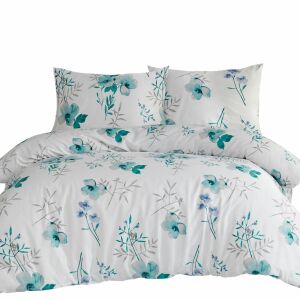 Flanel lepedő 220x200 31504/1 fehér türkiz virág levelek Flanelove