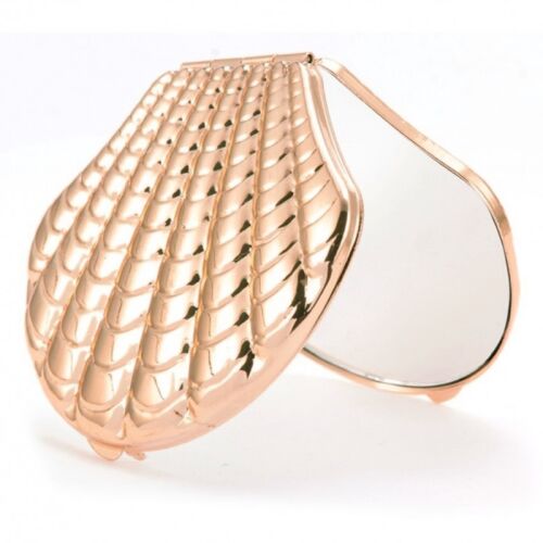 Rózsaszín arany kozmetikai tükör kagyló mintával, nyitva