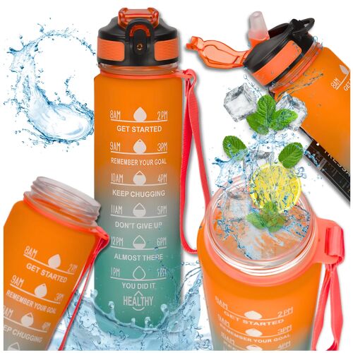 TRESSARI 1000ml Sport Kulacs Időjelzővel, BPA-mentes Tritán, Narancs-Zöld