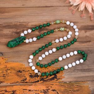 Valódi kövekből készült nyaklánc: malachit, jáspis, kristály, fehér porcelán kő, réz, 85 cm 143571084 - Női nyaklánc