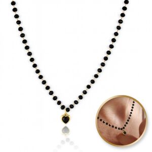 14k aranyozott sebészeti acél nyaklánc fekete gyöngyökkel és szív medállal - Női nyaklánc