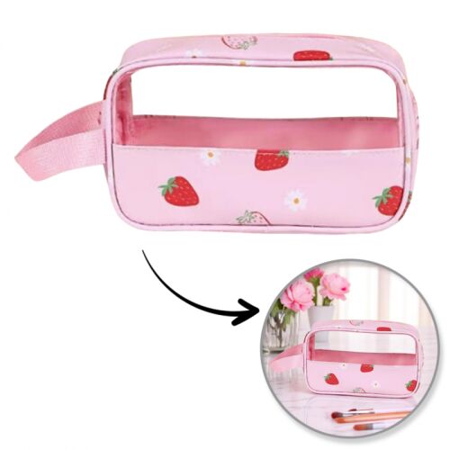 Összecsukható kozmetikai táska eper mintával, hordozható tok S 22x7x13cm használati példával