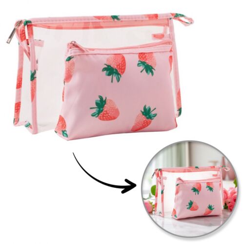 Kozmetikai táska készlet 2 az 1-ben eper mintával és használati példával