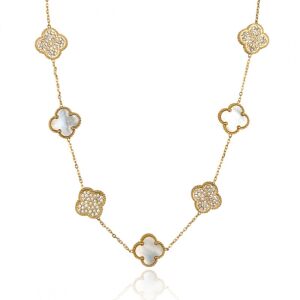 14k aranyozott lóhere nyaklánc gyöngyház és cirkónia kövekkel - Női nyaklánc