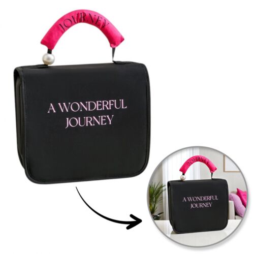 Fekete elegáns kozmetikai táska fogantyúval, 'A Wonderful Journey' felirattal, kollázs