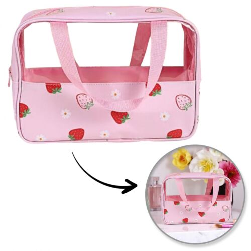 Összecsukható kozmetikai táska eper mintával és használati példával