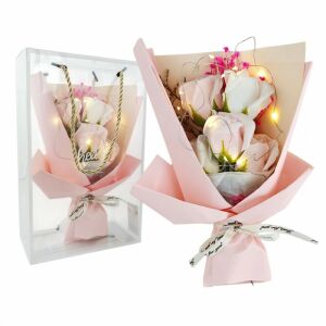 Egy csokor illatos szappanvirág díszdobozban, izzó LED lámpákkal BUK16
