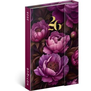 Határidőnapló mágnessel záródó, krémszínű lapokkal Purple Flowers 110×160 mm, Presco