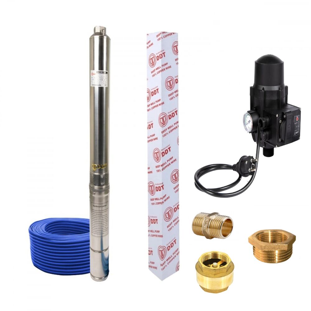 Pompa submersibila de mare adancime, DDT, 4SDM3-7, 1500 W, 7 m³/h, 7 turbine, Inox, 30 m cablu + Presostat electronic automat, DDT, LS-4 + accesorii