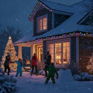 Család élvezi a Bewello 50m Színes LED Karácsonyi Fényfüzért a házon hóesésben - Bewello