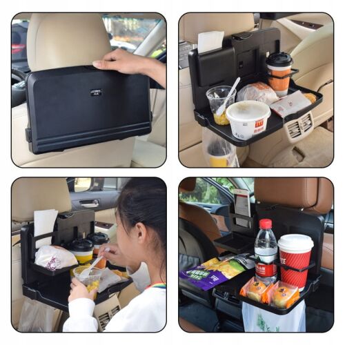 Kollázs az autósülés szervező használatáról étkezéshez és tablettartáshoz