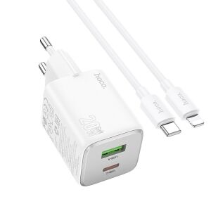 Hoco USB A + USB C QC PD 3A 20W fali telefontöltő + USB C - Lightning kábel N41 fehér 143629492 - Hoco