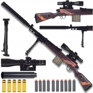 HAB NYÍL SNIPER PUSKA játékkuska szett távcsővel, hangtompítóval, kétlábú állvánnyal, nyilakkal és hüvelyekkel - Játékpuska, töltény