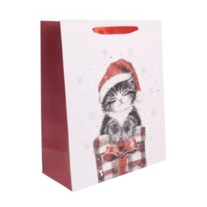 Torebka na prezent z brokatowym wzorem kota, 26 x 32 cm, torba na prezent z kotem w czapce Świętego Mikołaja - Sztuka i hobby