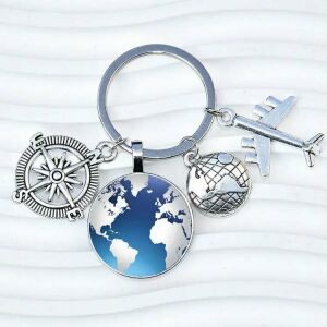 Rozsdamentes acél világutazó kulcstartó repülővel, iránytűvel és földgömb dísszel - Művészet & Hobbi