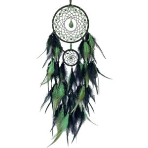 Zöld és fekete álomfogó tollakkal és ásványkővel, kézzel készített fali dekoráció - Álomfogó