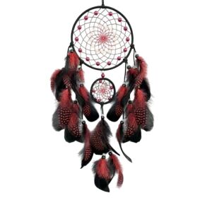 Nagy álomcsapda világító gyöngyökkel, életfa medállal, tollakkal, bordó és fekete - Álomfogó