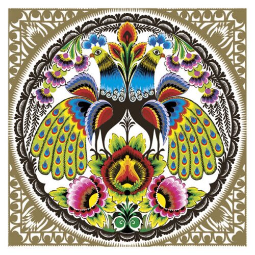 Állatos Folk Pávás Arany szalvéta, díszítő papírszalvéta páva mintával, 33x33 cm