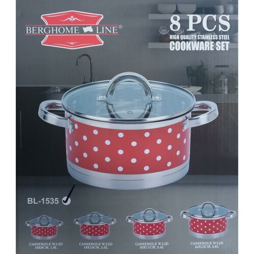 Berghome Line 8 darabos rozsdamentes edénykészlet üvegfedővel, piros, fehér pöttyös