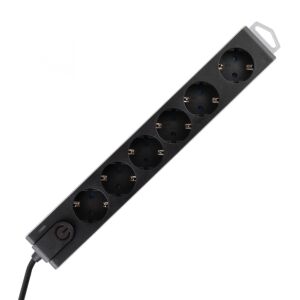 Home NVT 6K/BK túlfeszültségvédett hálózati elosztó, 1,5 m, H05VV-F 3G1,0 mm2 kábel, 6 aljzat gyermekvédelemmel, kapcsoló, felakasztható, max. 3680W, fekete 143672609 - Home by Somogyi