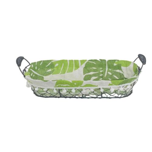 Kenyeres Kosár Ovál Filo kenyérkosár zöld levél mintás béléssel, 36x15xH8cm - Kenyértartó