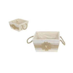 Fa Kaspó Kocka, Csipkés Masnis 232-W-209/L - 19,5*19,5*H10,5cm