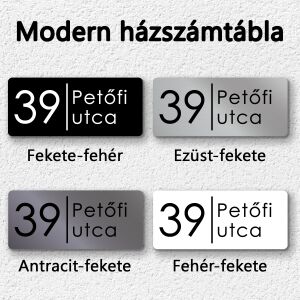 Modern utcanévtábla, fémes letisztult gravírozott házszámtábla, antracit téglalap, 40x18 cm