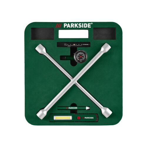 PARKSIDE 6 részes autószerszám készlet keresztemelő kulccsal, térdpárnával és LED lámpával