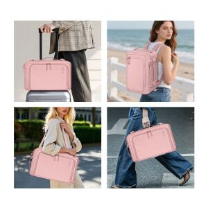 Kollázs a Tech-Protect Defender S50 rózsaszín táskáról különböző felhasználási módokon: utazás, válltáska, hátizsák - Utazótáska